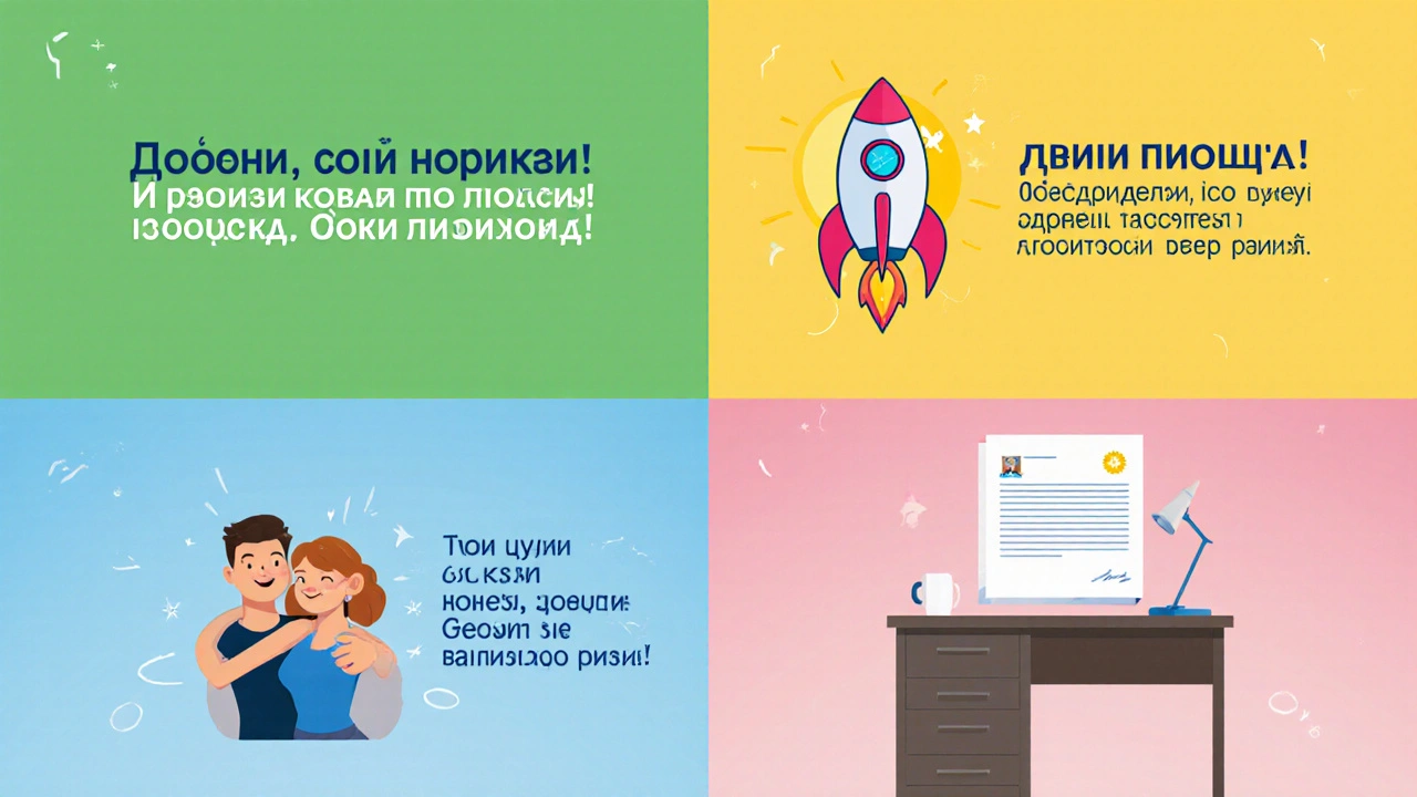 Четыре панели‑иллюстрации, показывающие разные типы завершения поздравления.