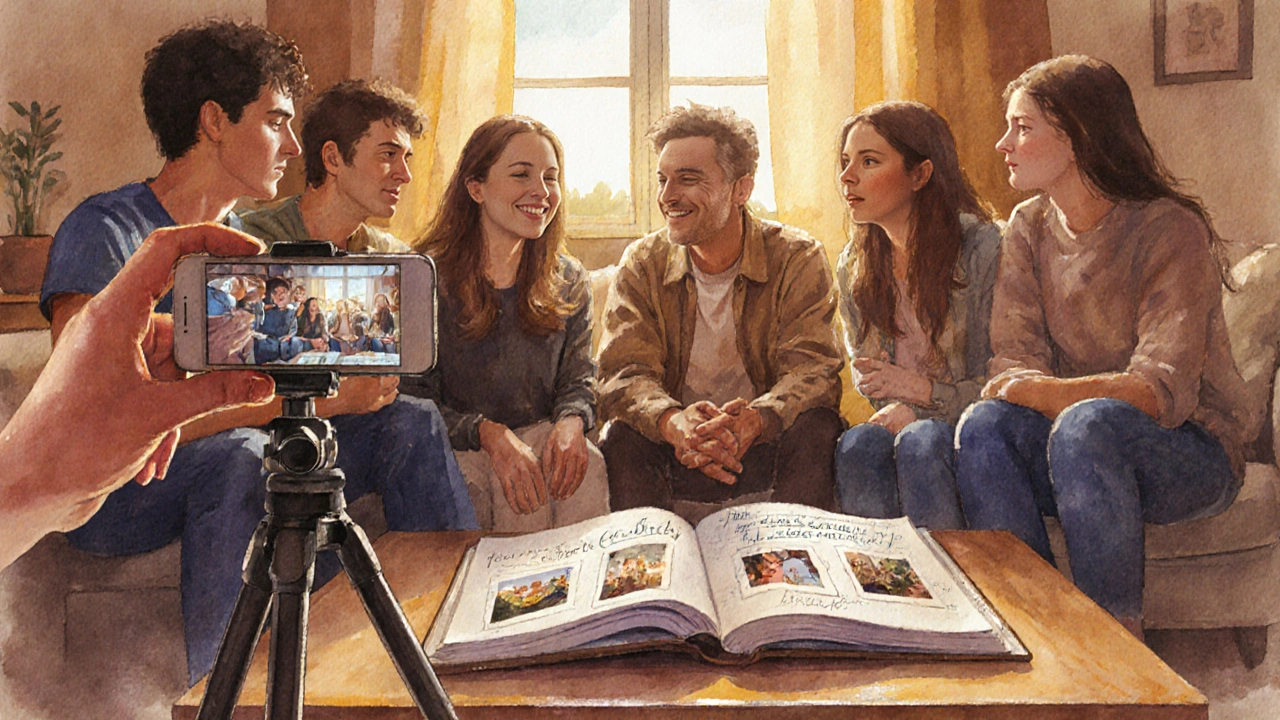 Друзья записывают видеопоздравление и листают открытку‑книгу в уютной комнате.