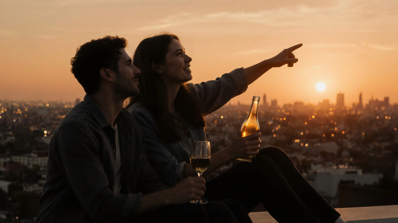 Два друга на крыше на закате, один указывает вдаль, другой держит бутылку вина.