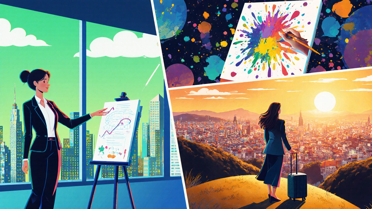 Коллаж: женщина в офисе, путешествует и рисует, символизируя успех и творчество.