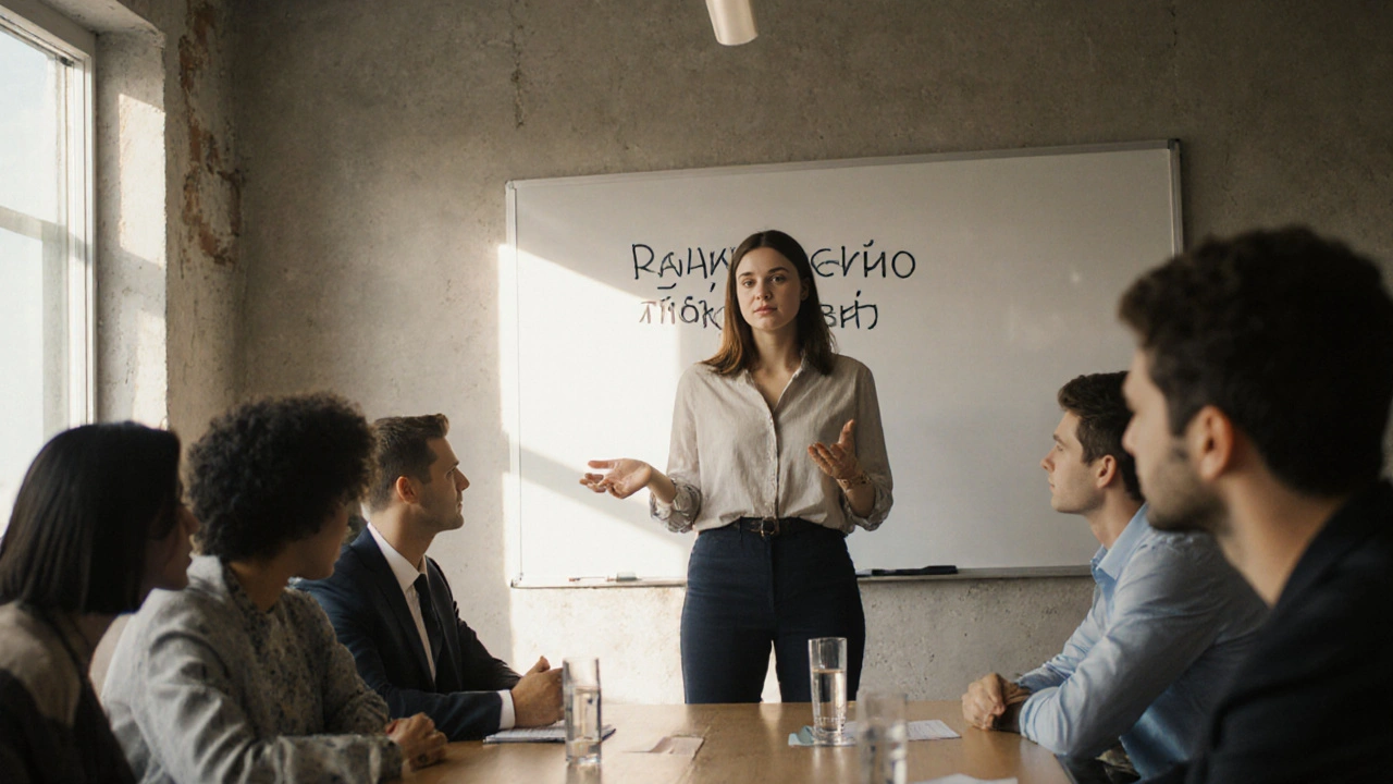 Коллеги слушают искреннее поздравление на собрании