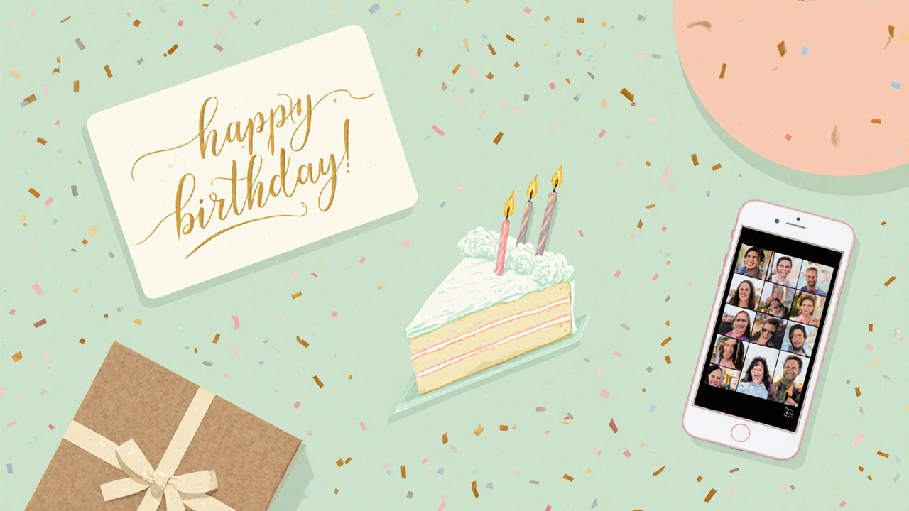На столе открытка, торт, подарочная коробка и телефон с видеомонтажем, окружённые конфетти.