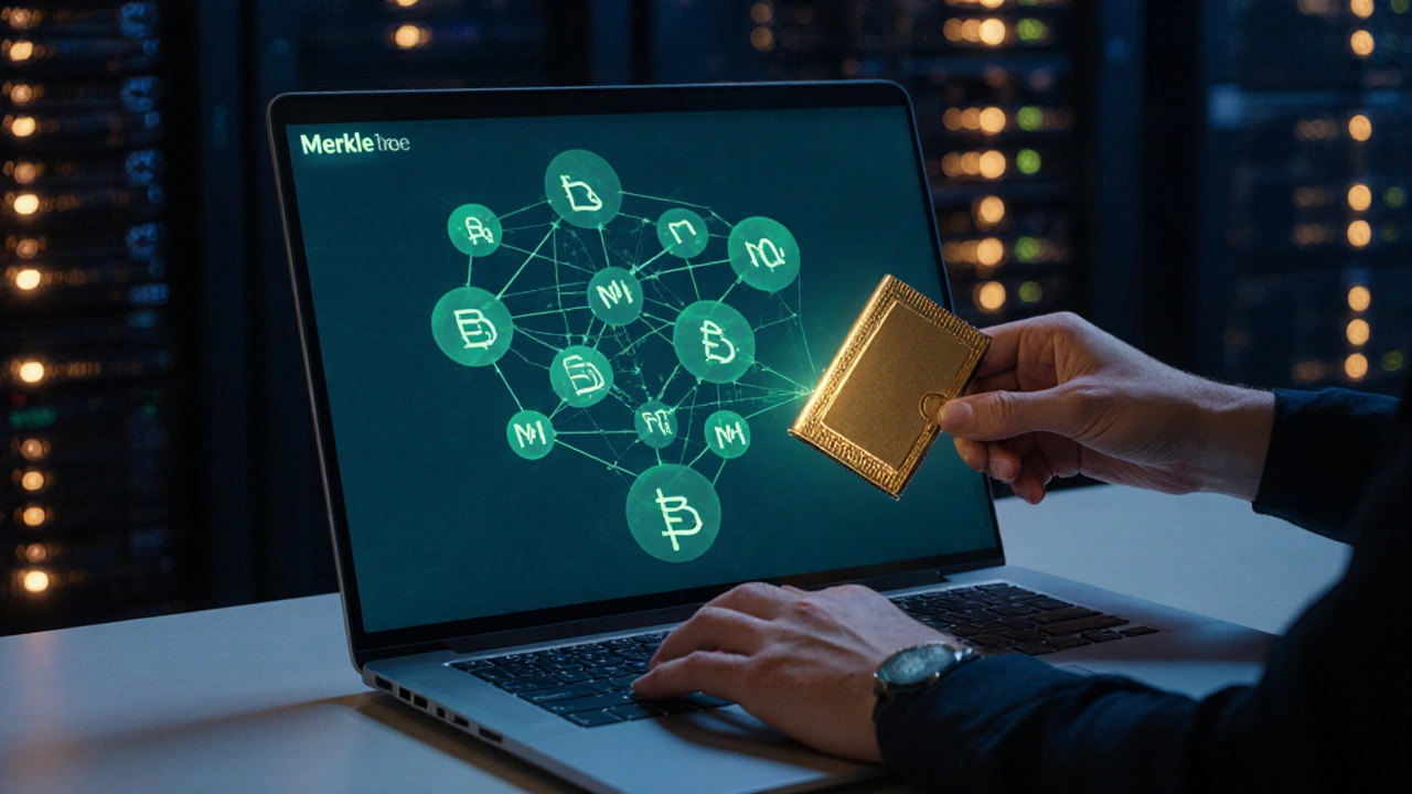 Рабочее место разработчика с ноутбуком, показывающим абстрактное Merkle‑дерево.
