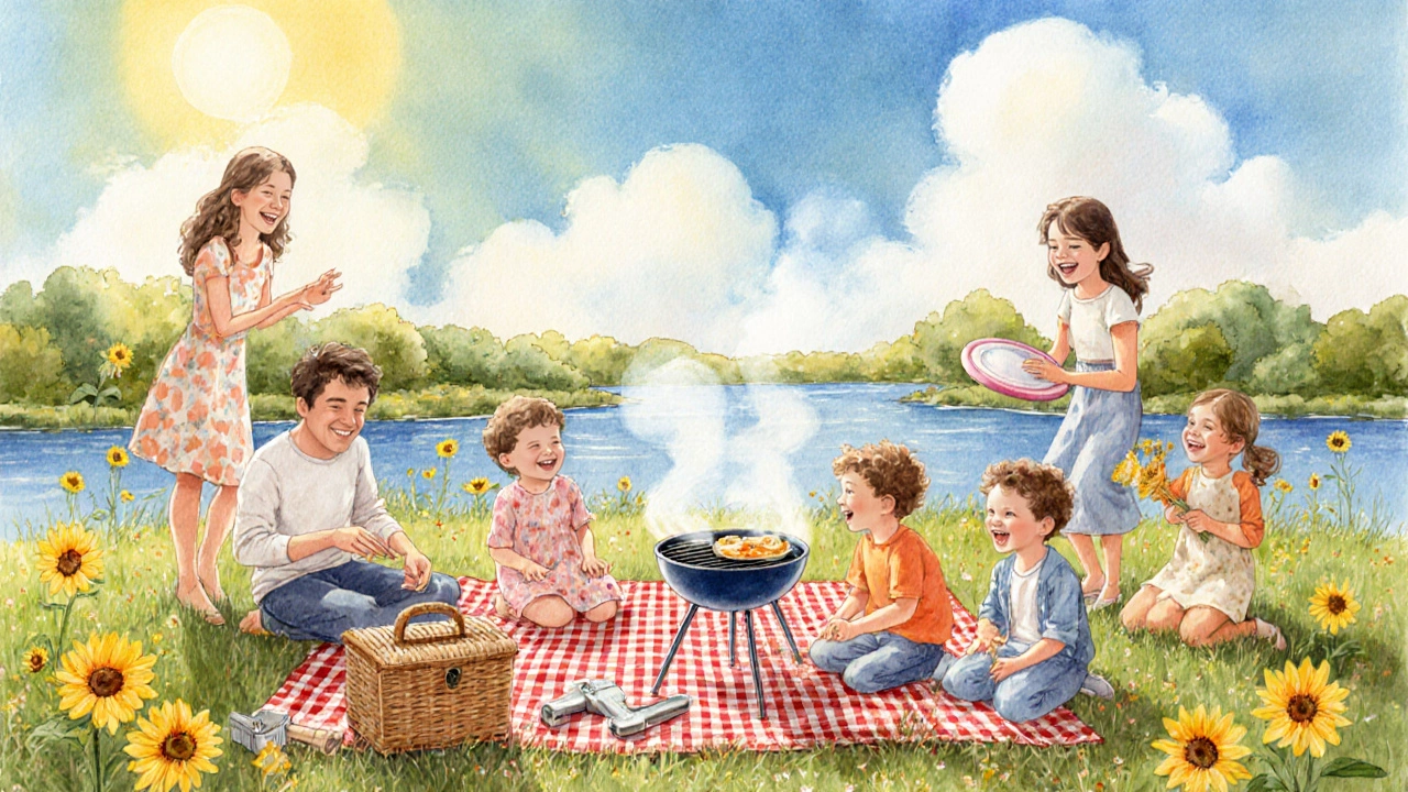 Семейный пикник у реки с солнцеклешами, грилем и элементами труда.