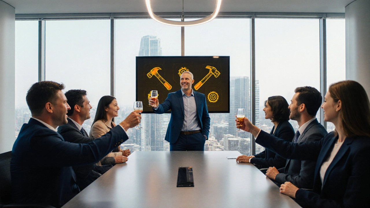 Современный офисный коллектив поднимает тост в честь Дня труда.