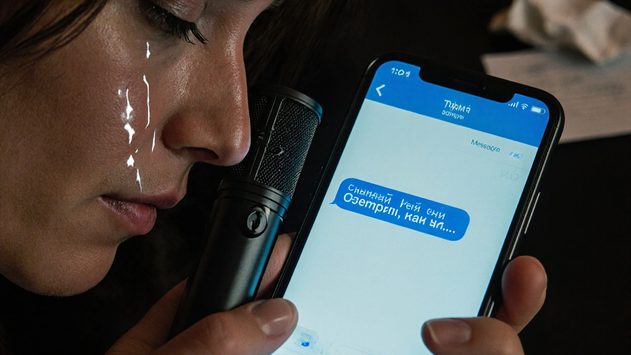 Трясущаяся рука с диктофоном, слезы на щеке, на экране телефона — черновик поздравления.