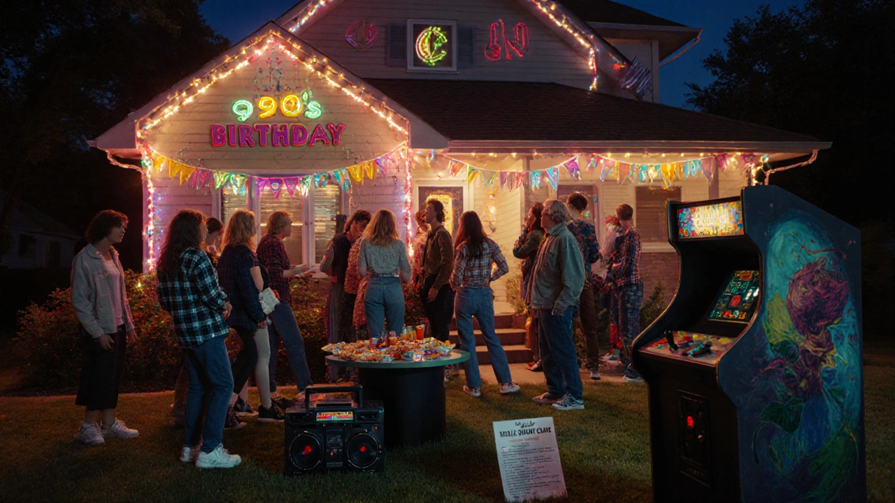 Вечеринка в стиле 90‑х: гости в ретро‑одежде, неоновый свет, спрятавшаяся подсказка квеста.