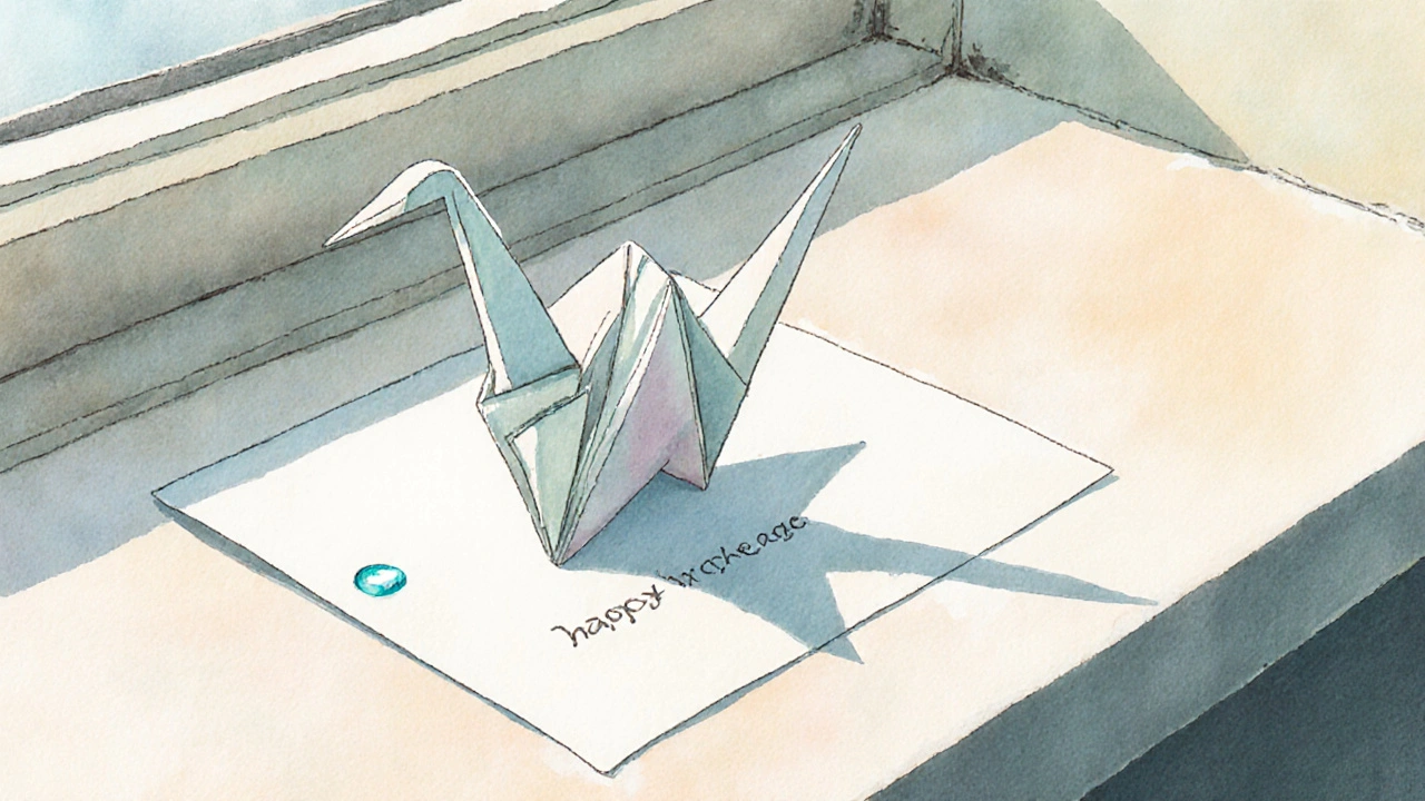 Бумажный журавлик из открытки на подоконнике в солнечном свете.