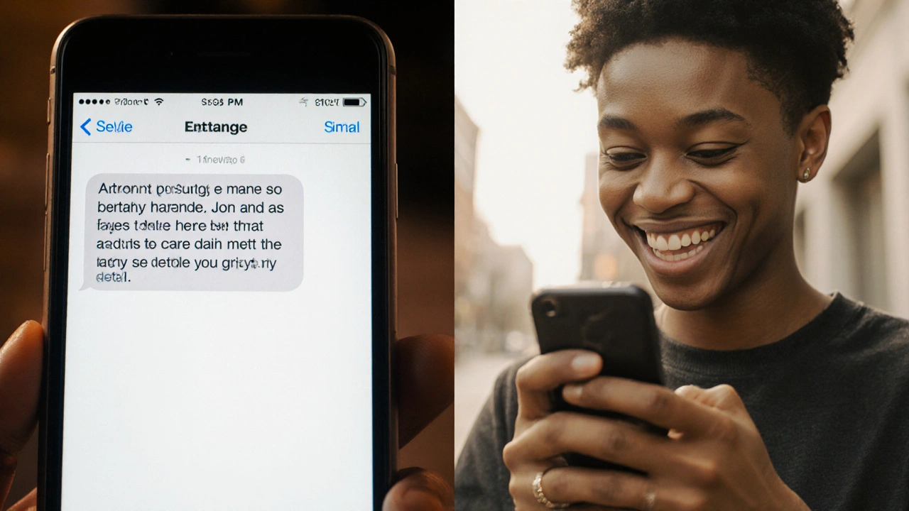 Человек смотрит на телефон с тёплым поздравлением, глаза сияют.