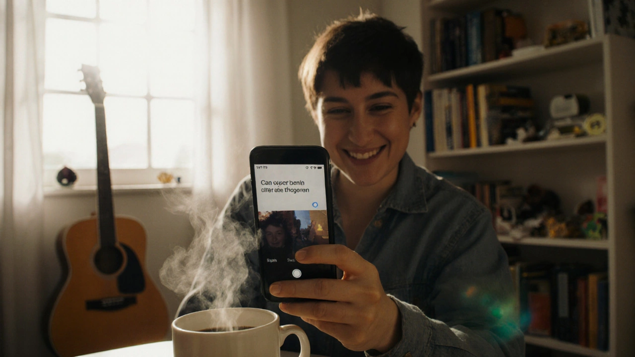 Человек записывает тёплое видео-поздравление у окна с чашкой кофе в руке.