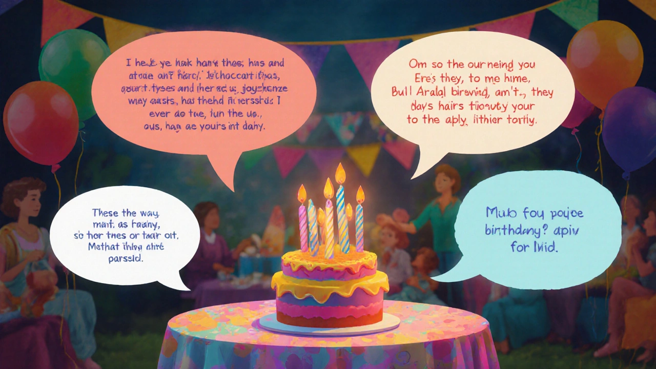 Цветные речевые пузыри с разными поздравлениями парят над праздничным столом.