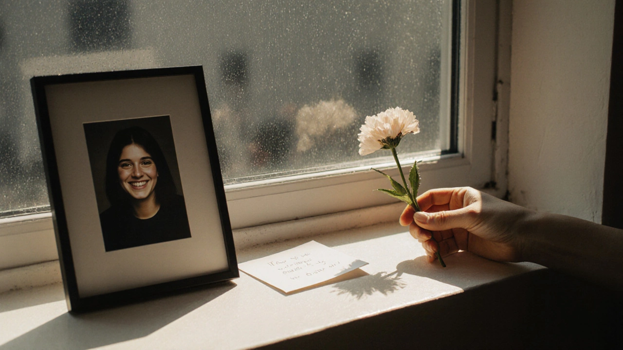 Цветок и записка на подоконнике рядом с фотографией, за окном дождь.