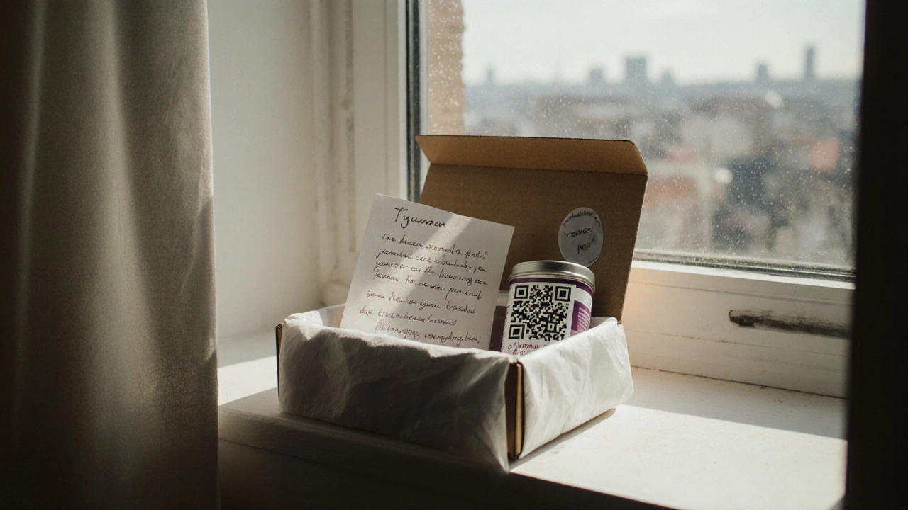 Деревянная коробка с чаем, запиской и QR-кодом на подоконнике утром.