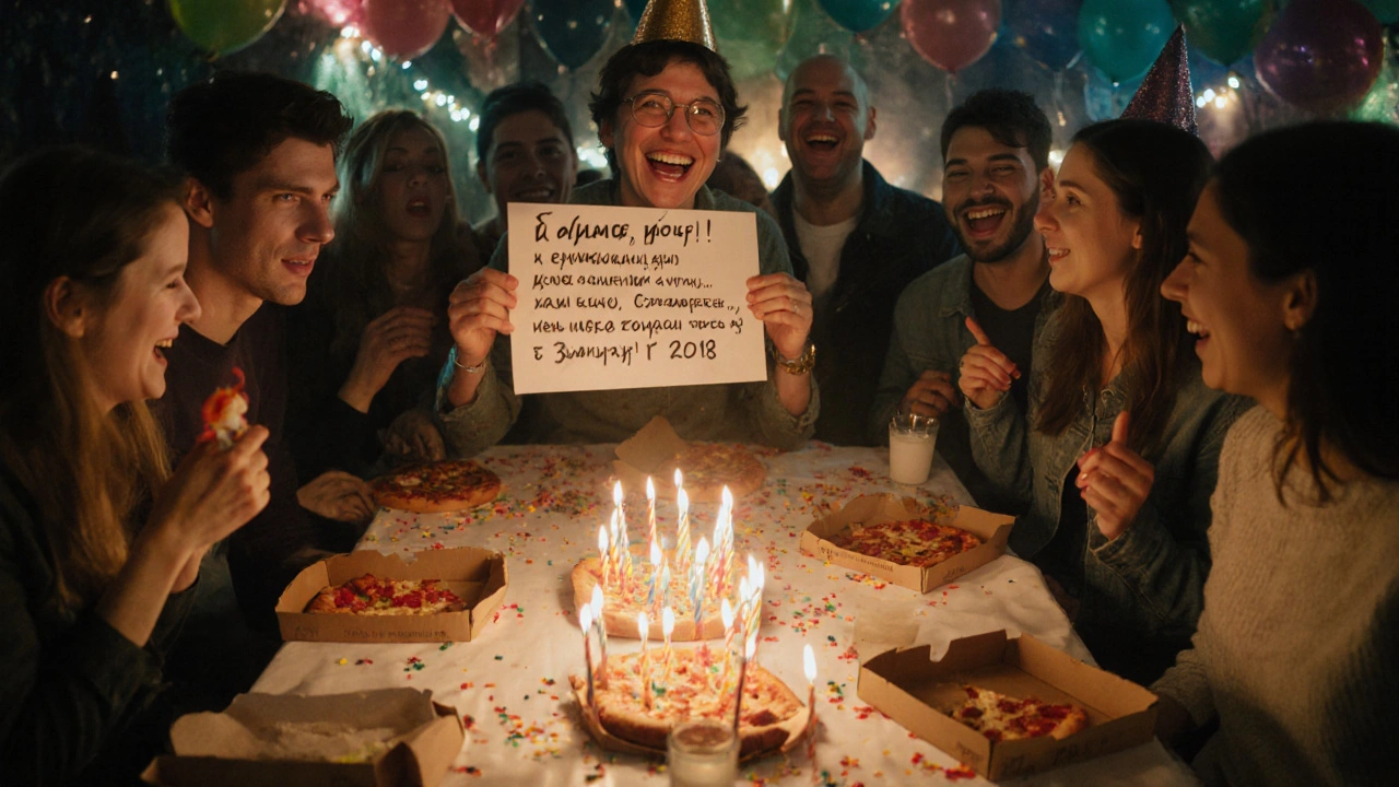 Друзья празднуют день рождения, смеются за столом с пиццей, один держит записку с шуткой.
