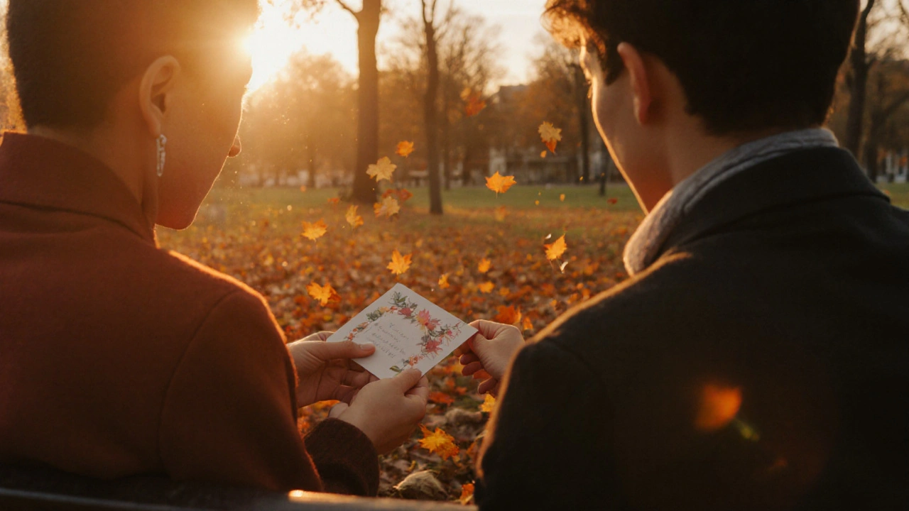 Два человека на скамейке в парке при закате, один держит самодельную открытку, другой смотрит с чувством.