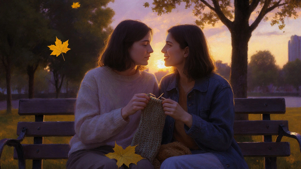 Два друга молча сидят на скамейке на закате, между ними — незаконченный вязаный проект.