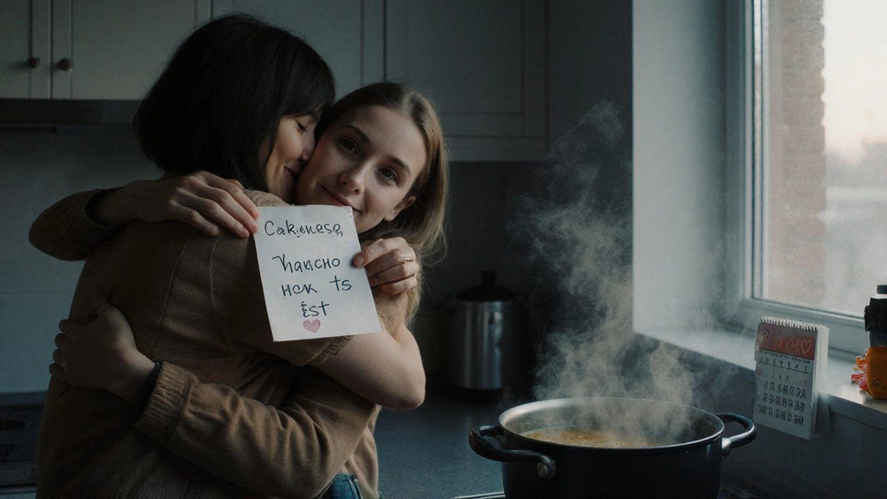 Два друга обнимаются на кухне, один держит записку с благодарностью, вокруг — уютная домашняя обстановка.