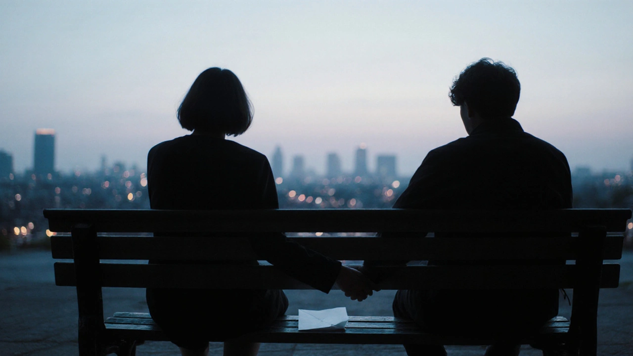 Две фигуры на скамейке на рассвете, тихо держащиеся за руки.