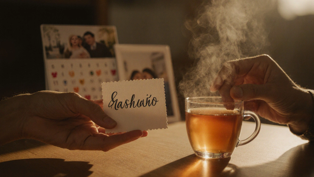 Две руки обмениваются запиской с &#039;Спасибо&#039; и чашкой чая в тёплой атмосфере.