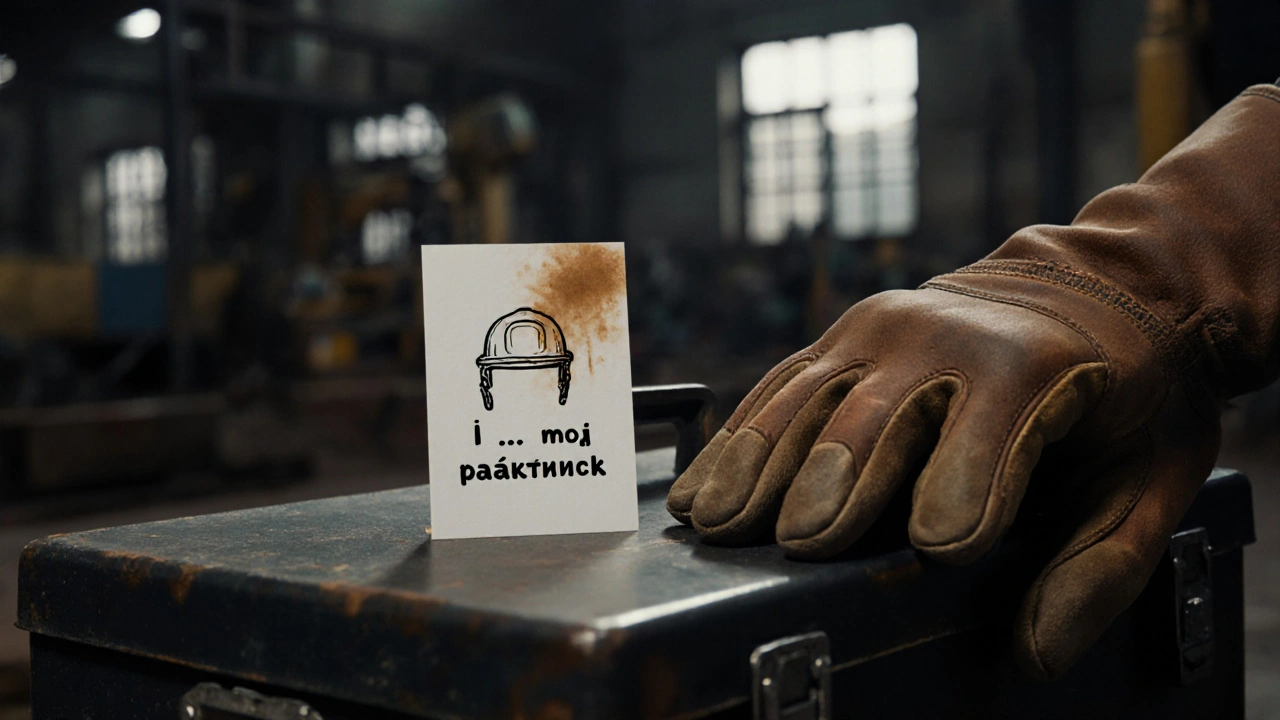 Изношенные рабочие перчатки и открытка с нарисованным шлемом на ящике инструментов.