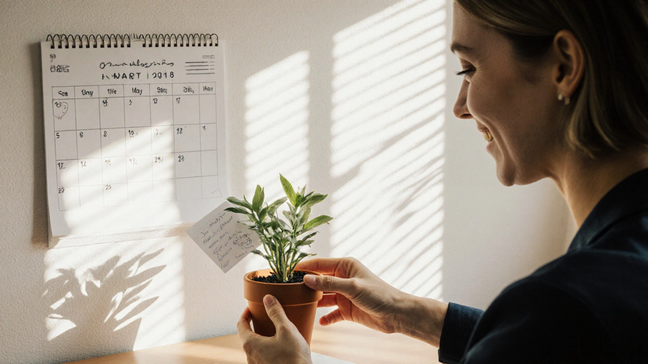 Коллега кладёт на стол растение с запиской, солнечные полосы падают на рабочий стол.