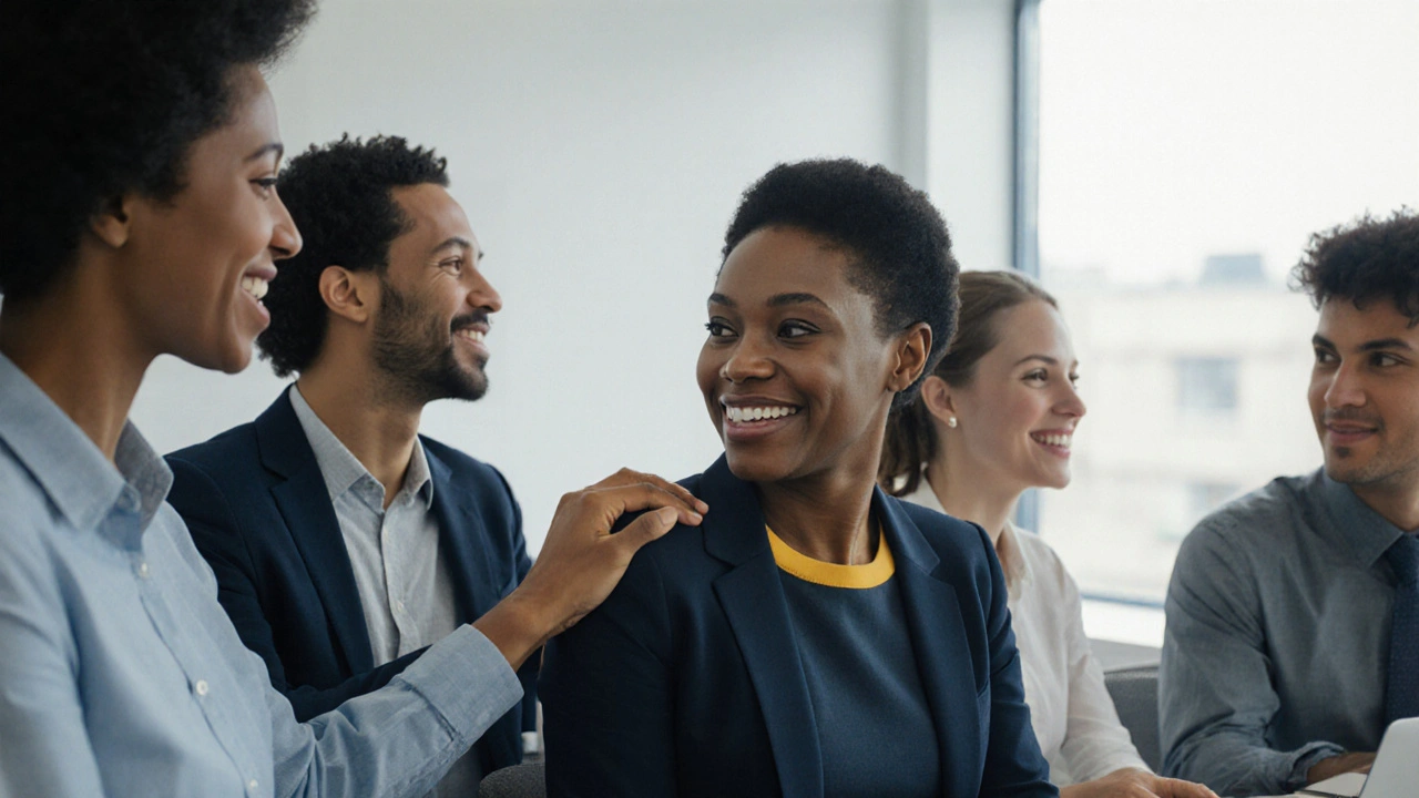 Коллега кладёт руку на плечо другому в офисе, выражая поддержку без слов.