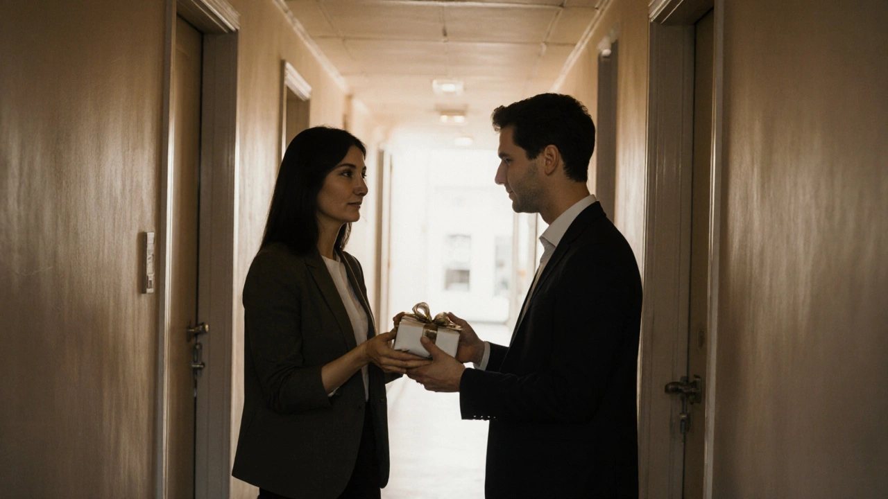 Коллеги обмениваются небольшим подарком в тихом коридоре.