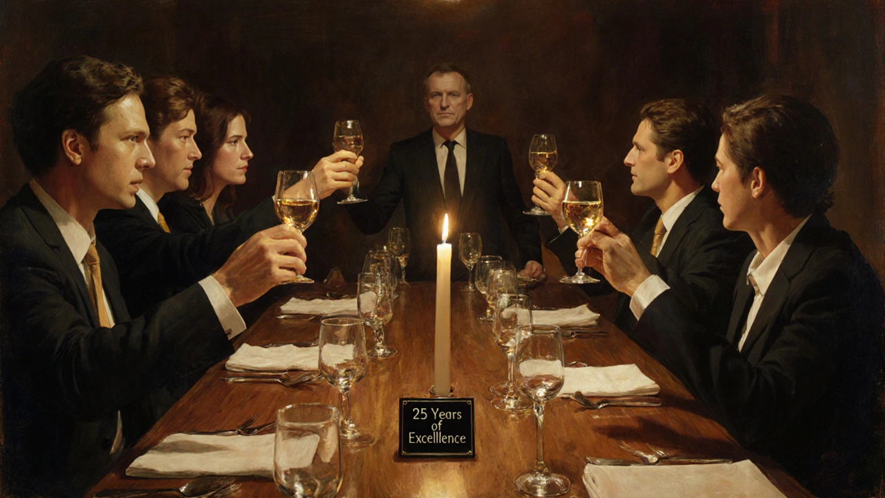 Коллеги поднимают бокалы после искреннего поздравления на корпоративном ужине.