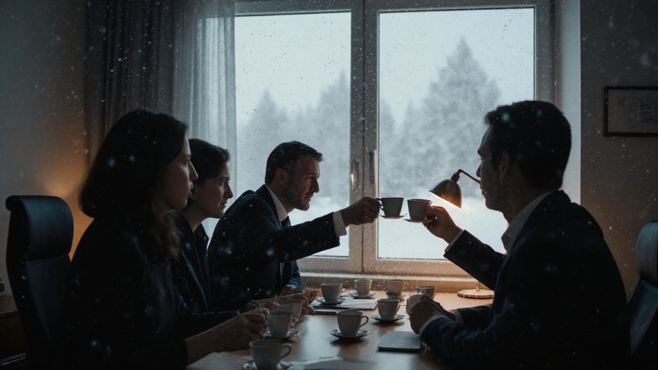 Коллеги в офисе поднимают чашки в тёплом утреннем свете, снег за окном.