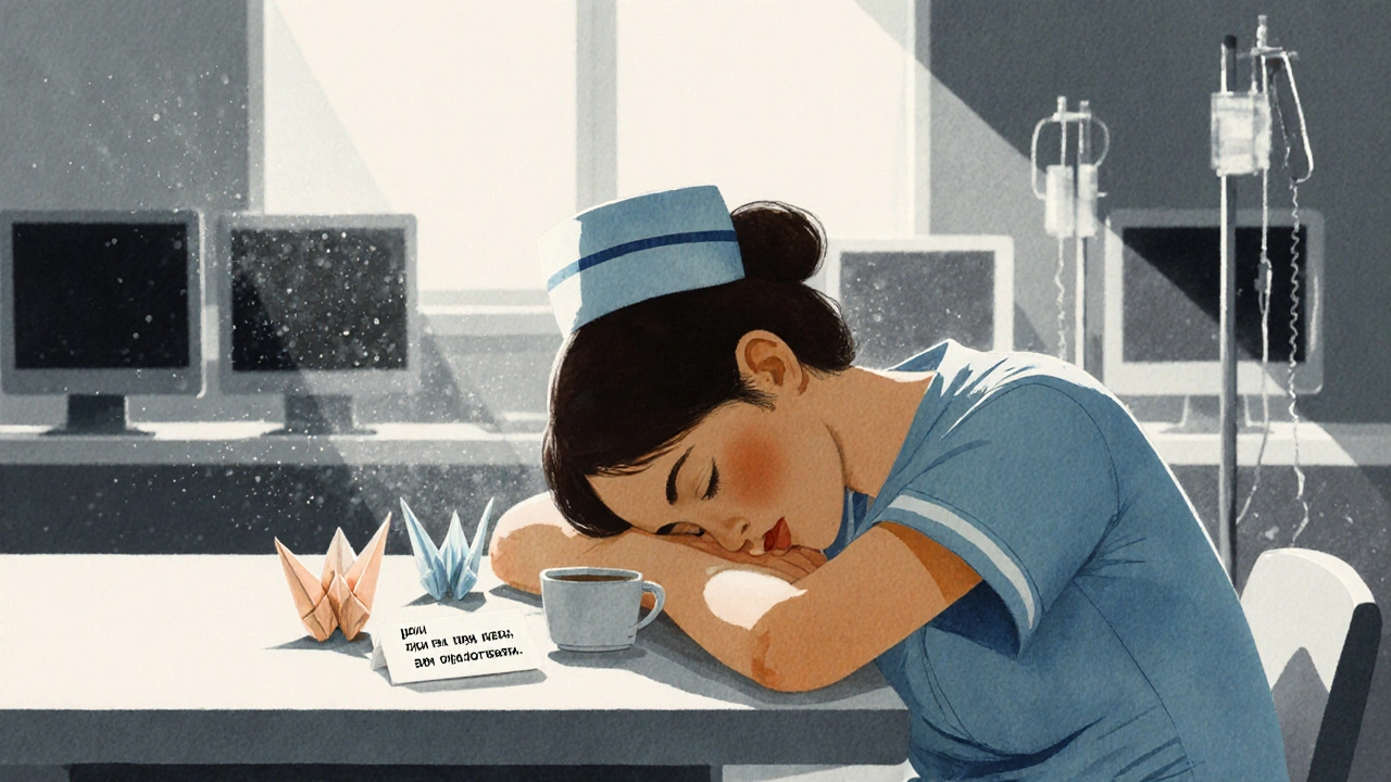 Медсестра отдыхает в больнице, рядом с кофе лежит записка с цитатой.