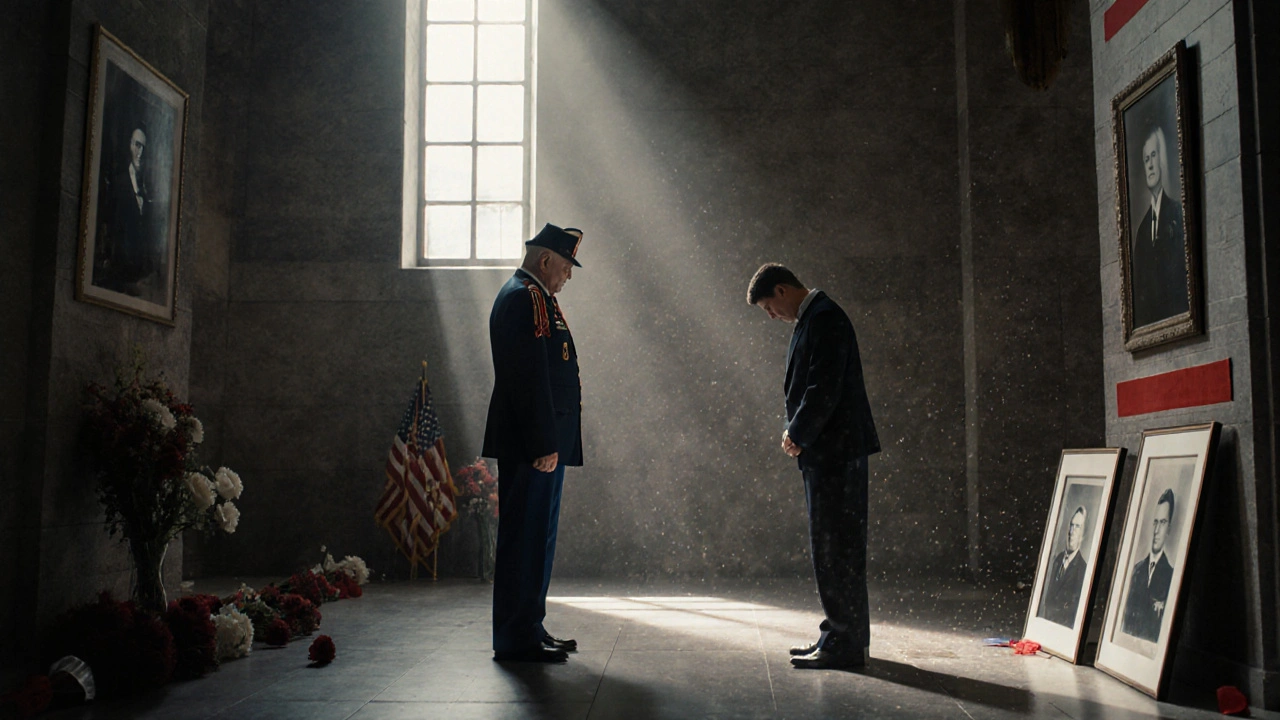 Молодой официальный лицо склоняет голову перед ветераном на памятном мероприятии.