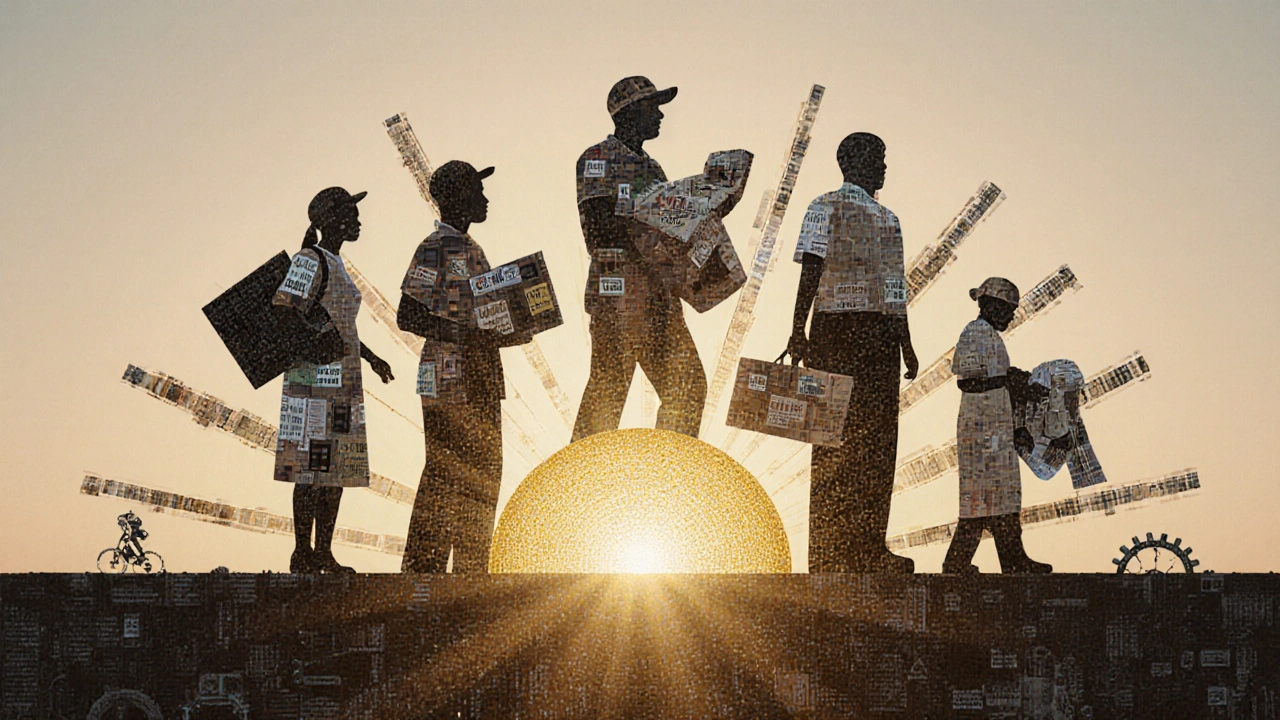 Мозаика из силуэтов работников образует восходящее солнце.