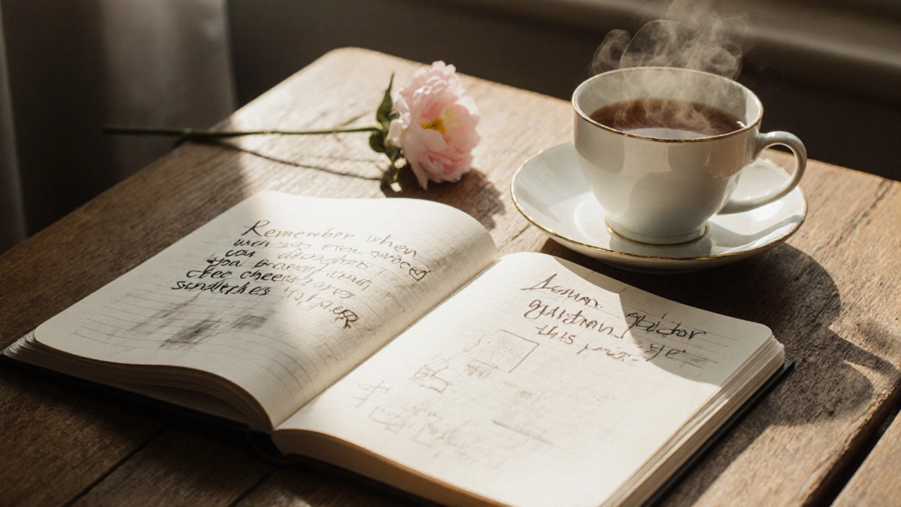 Открытая тетрадь с рукописными заметками о личных воспоминаниях и чашка чая на деревянном столе.