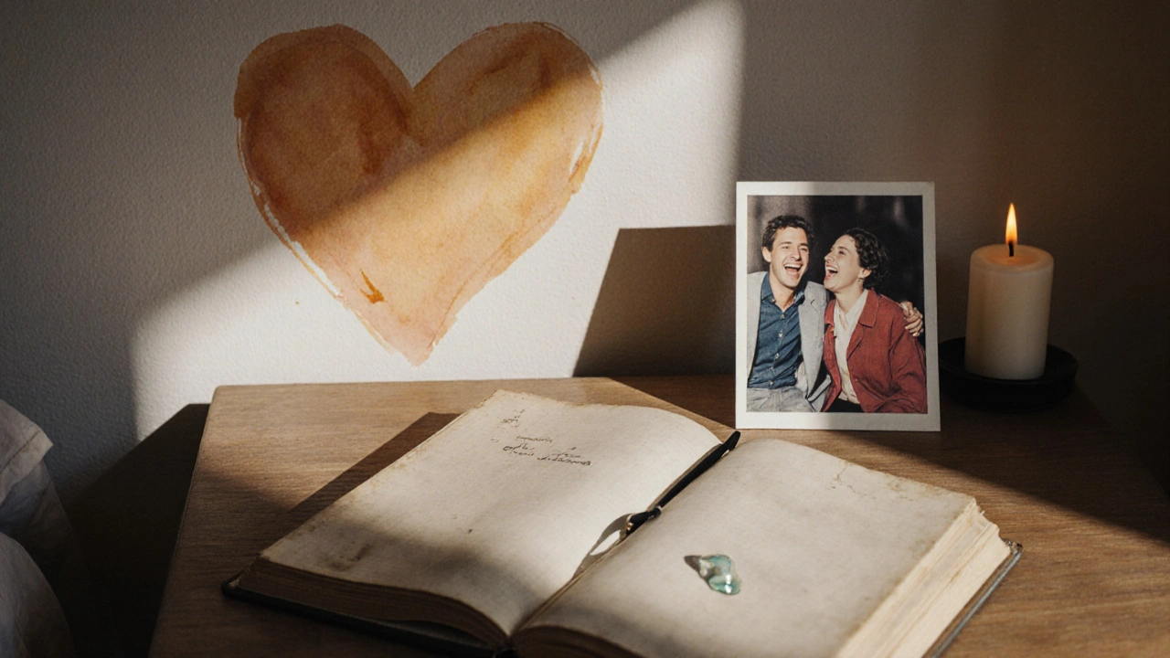 Открытый дневник с каплей слезы и старой фотографией на тумбочке.