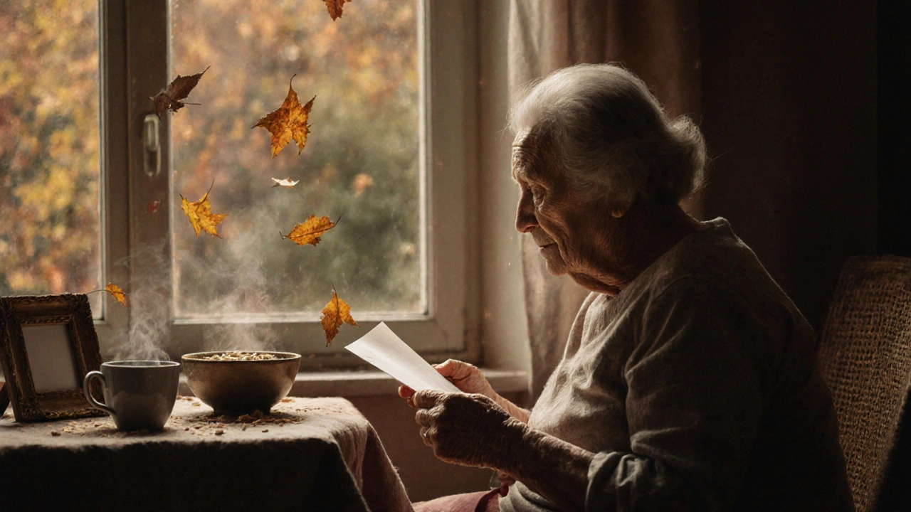 Пожилая женщина читает записку у окна с тёплым светом.