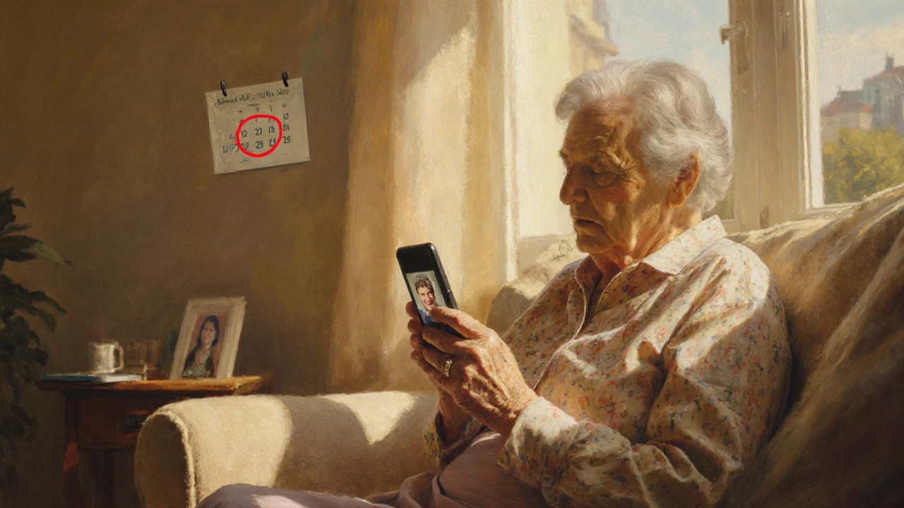 Пожилая женщина смотрит на экран телефона с сообщением от远方 родственника, готовящегося к дню рождения.