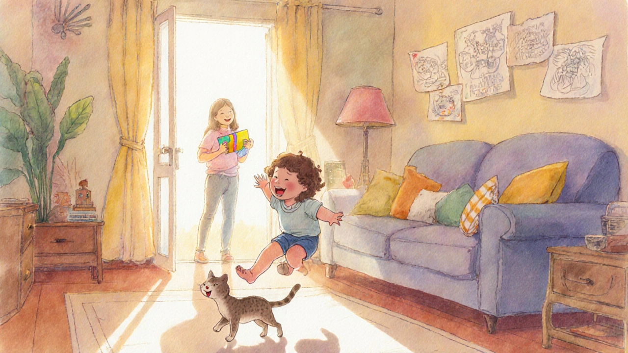 Ребёнок смеётся, гоняясь за котом с дивана, родитель смотрит с двери, в руках — маленький подарок.