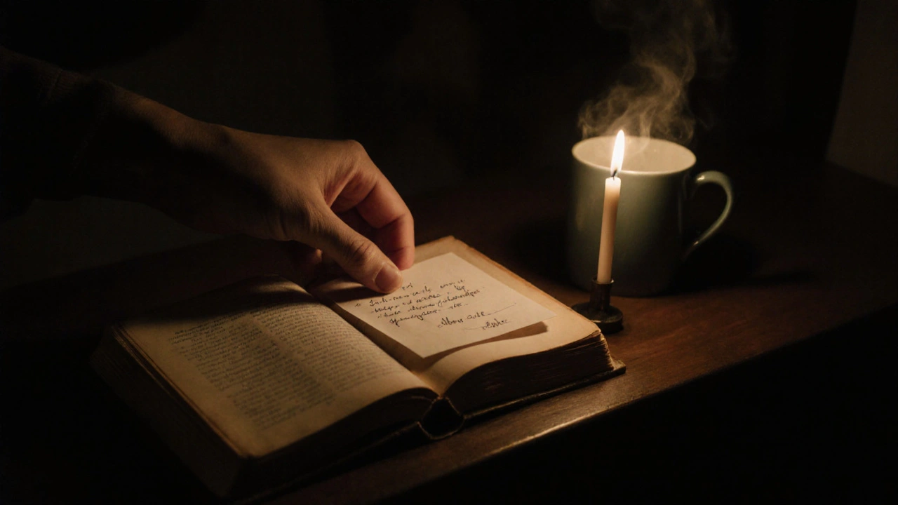 Рука кладет записку в старую книгу, рядом — кружка и свеча в тусклом свете.