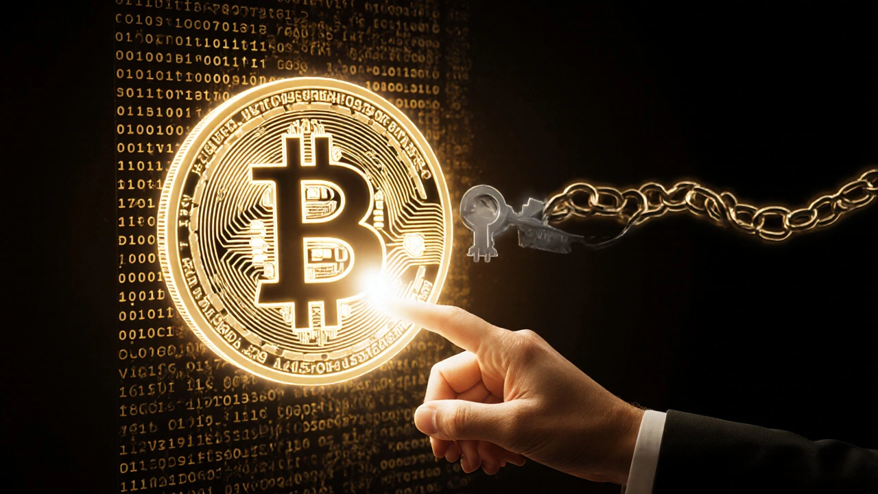 Рука с ключом света направлена на дверь в виде логотипа Bitcoin, за ней — цепочка хешей.