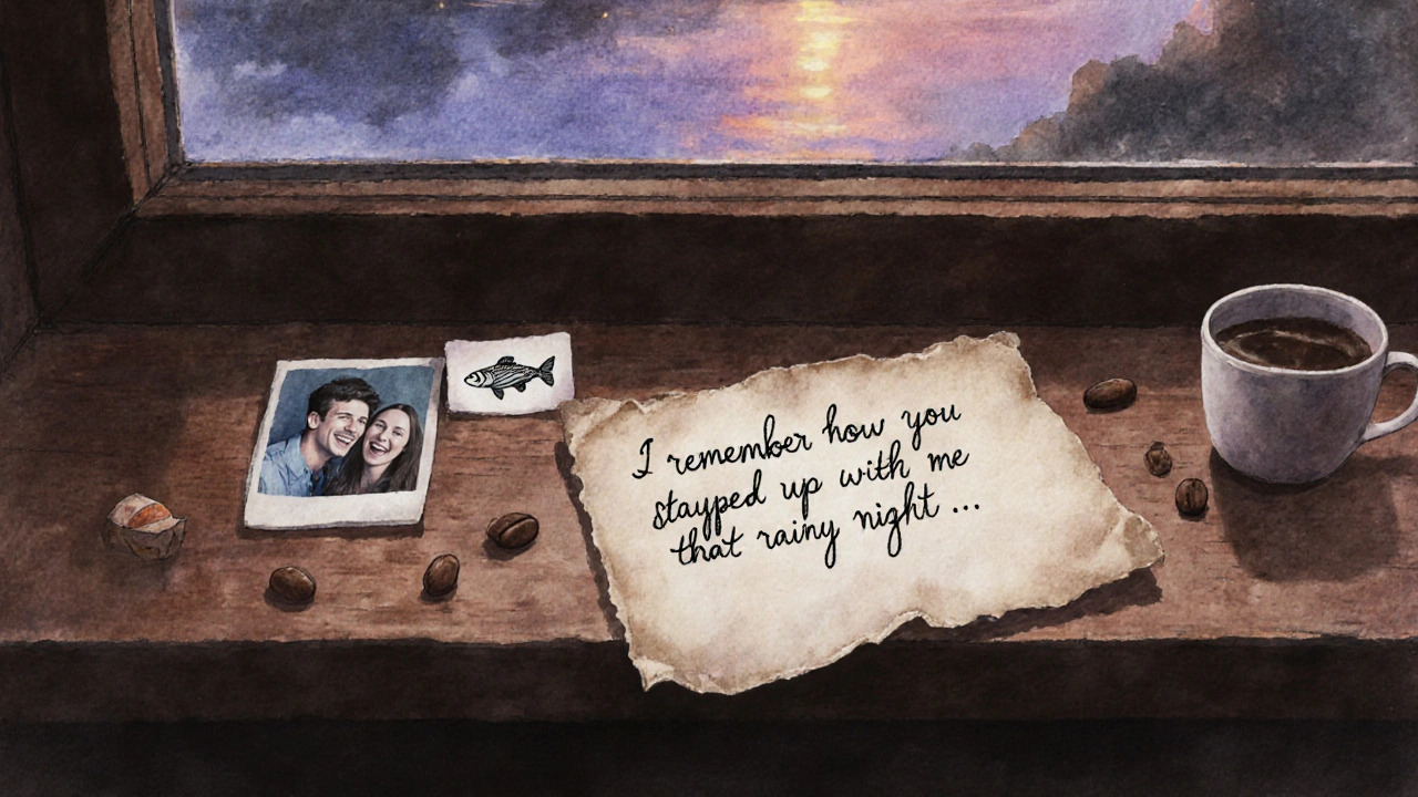 Рукописная открытка с личными деталями лежит на подоконнике рядом с фото и кофейным зерном.