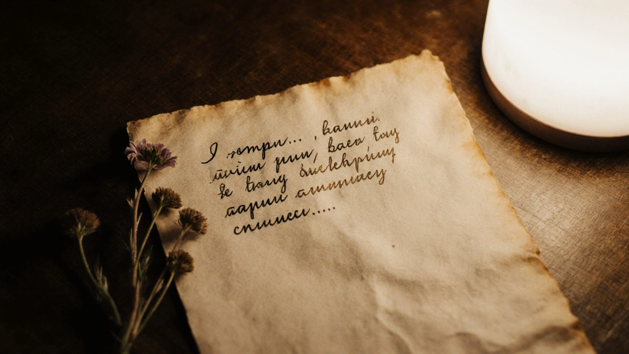 Рукописная открытка с тёплыми словами и высушенным цветком на старой бумаге.