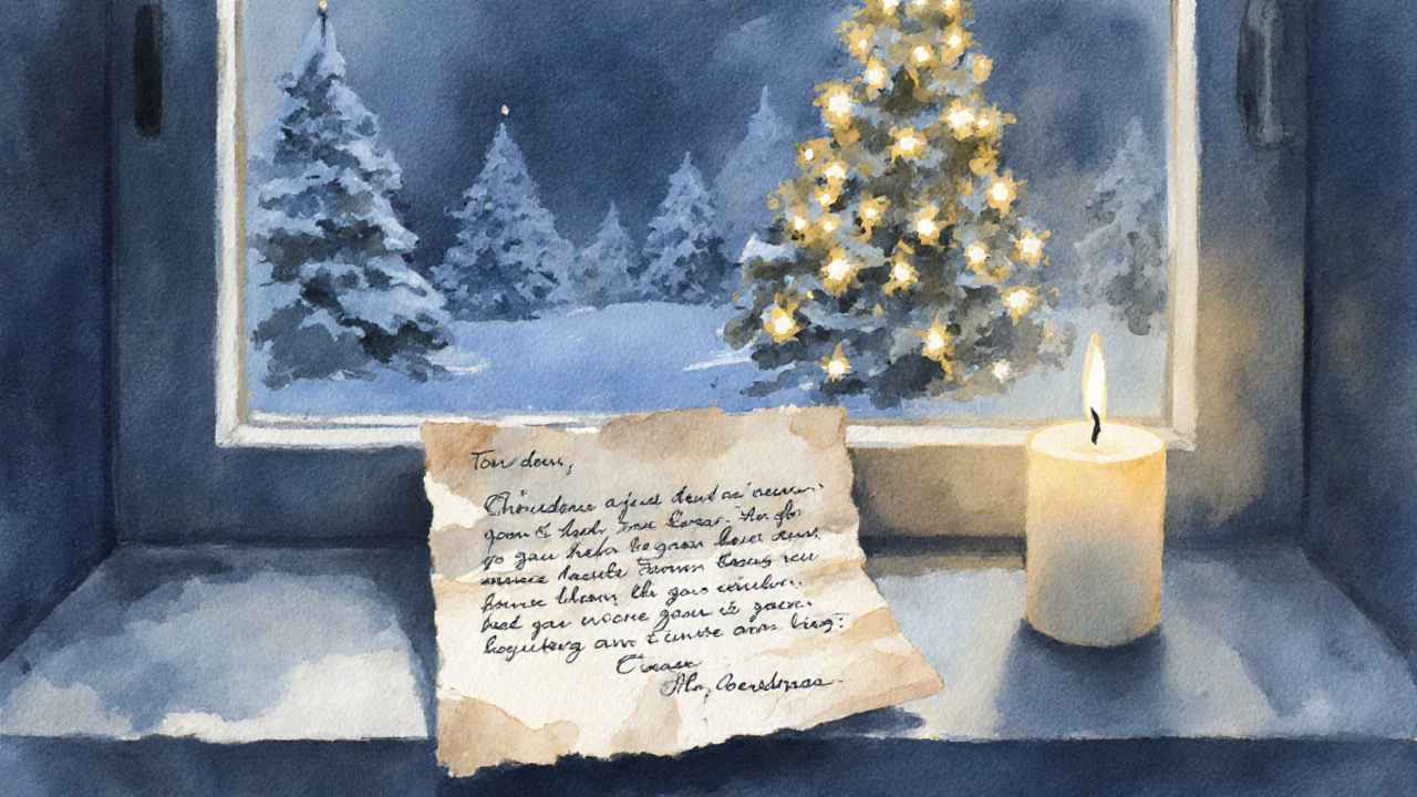 Рукописное письмо на подоконнике с зажжённой свечой и рождественской ёлкой вдали.