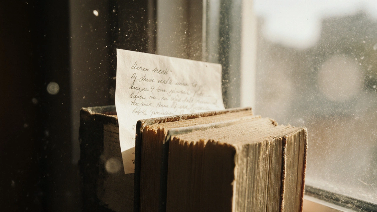 Сложенный листок с письмом выглядывает из любимой книги, ожидая, когда его найдут.