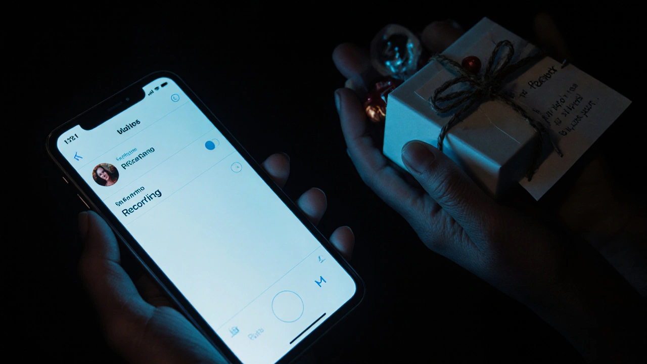 Смартфон с включенной записью голоса и коробка с подарком в темной комнате.