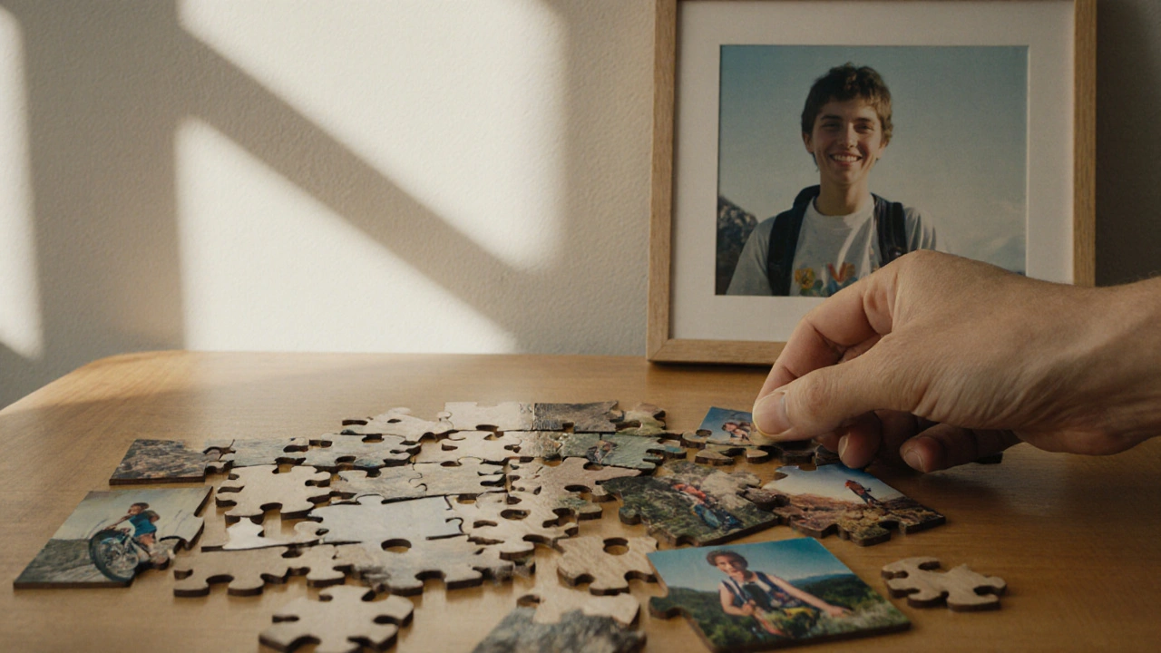 Собранная головоломка из фотографий жизненных моментов на деревянном столе.