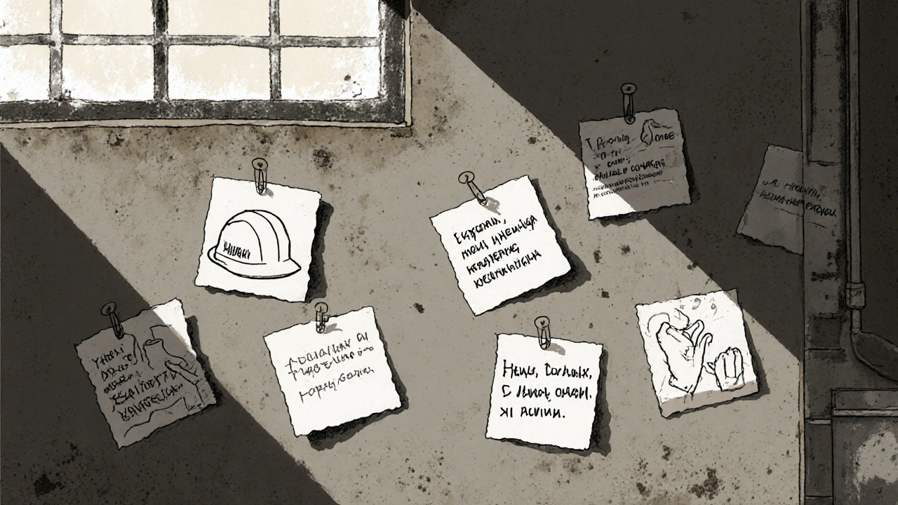 Стена с рукописными благодарностями коллег, нарисованные шлемы и перчатки на записках.