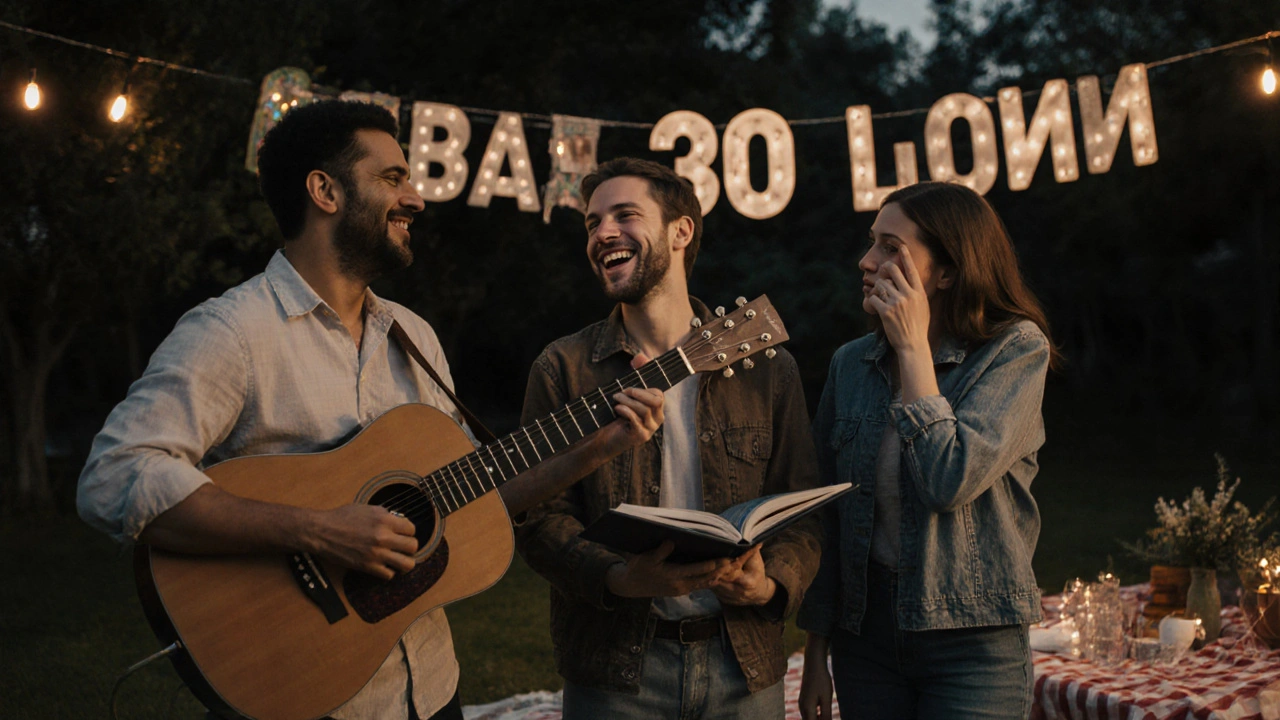 Трое друзей смеются вместе на вечеринке, один держит гитару, другой — фотоальбом, в сумерках.