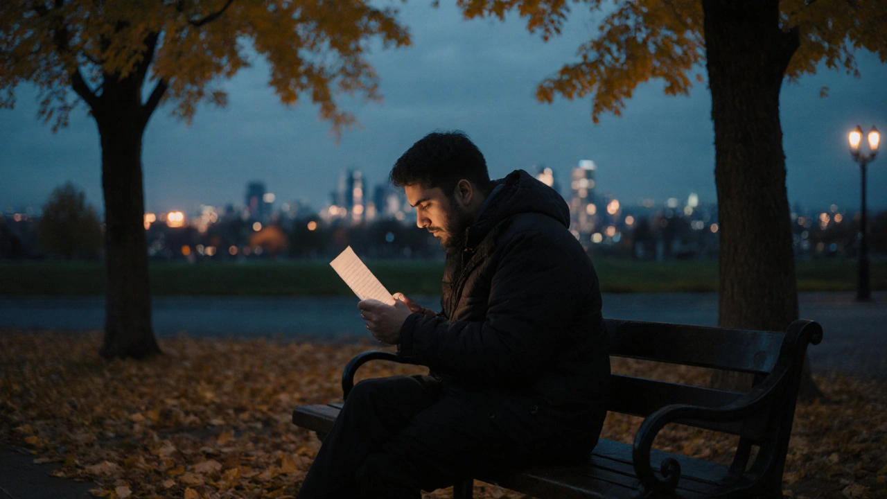 Взрослый человек сидит на скамейке, держа в руках письмо при закате.