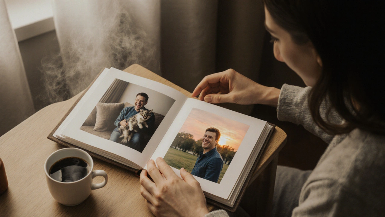 Женщина кладет альбом с фотографиями смеющегося мужа на стол рядом с кофе.