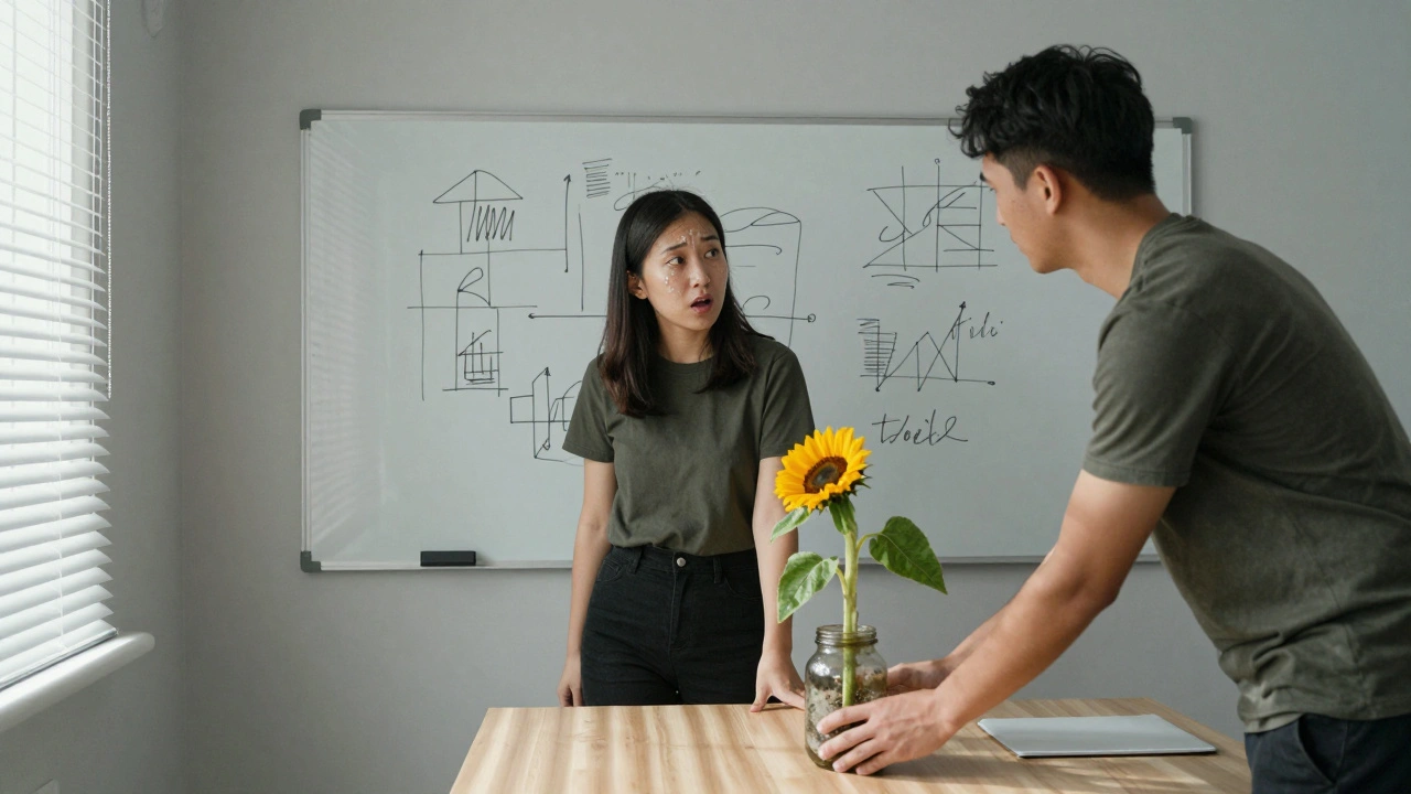 Коллега кладёт подсолнух в горшке на стол другому, утром, в офисе с полосами света.